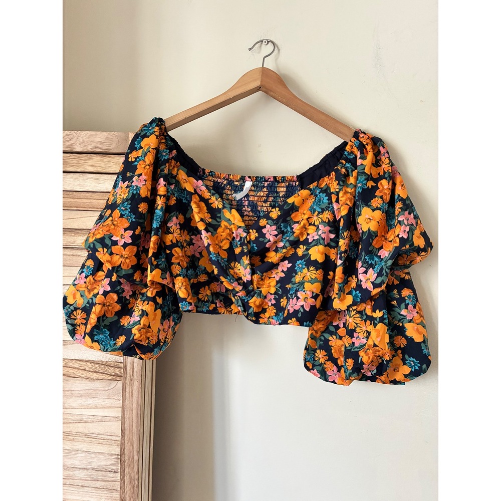 Live 4 Truth Fall Floral Puff Sleeve Crop Top Navy Orange Sweetheart Neck M